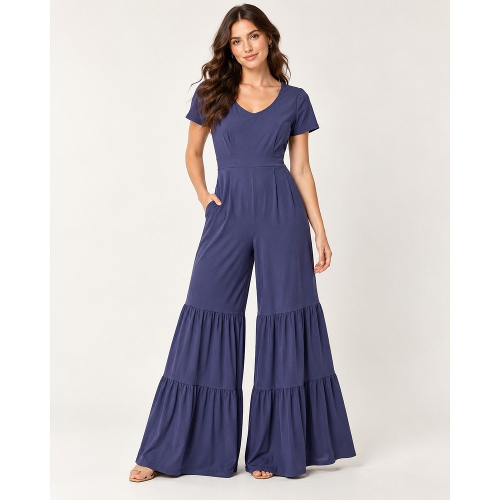 Cato Navy Blue Tiered Wide Leg Jumpsuit Short Sleeve V-Neck Back Tie Small